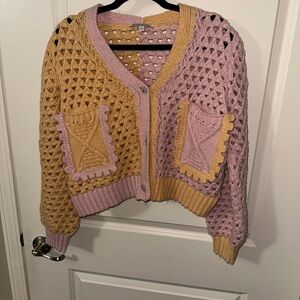 ZARA crochet sweater in pink and orange with bejeweled button closures